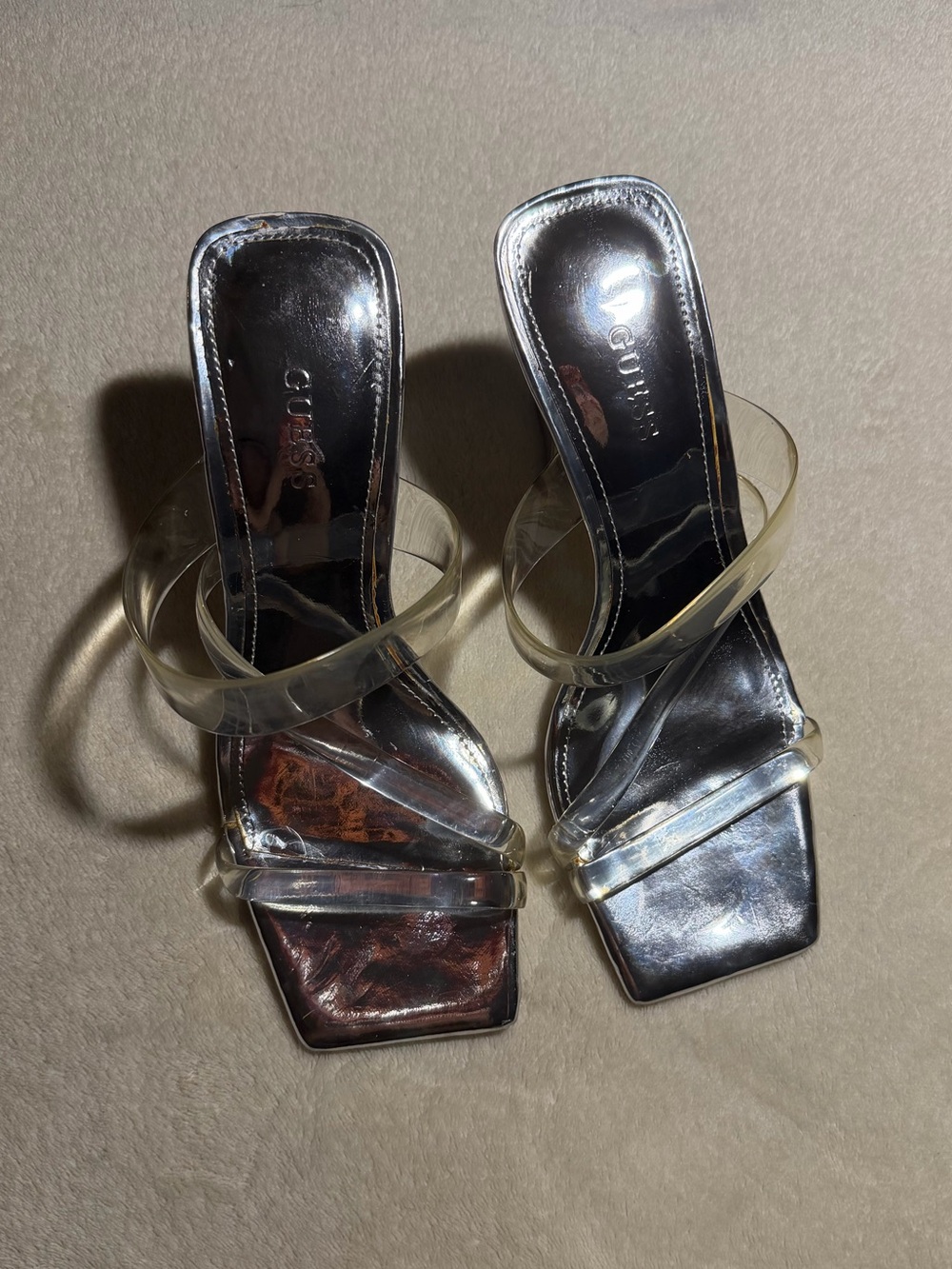 GUESS Clear Strap Square Toe Silver Heels
